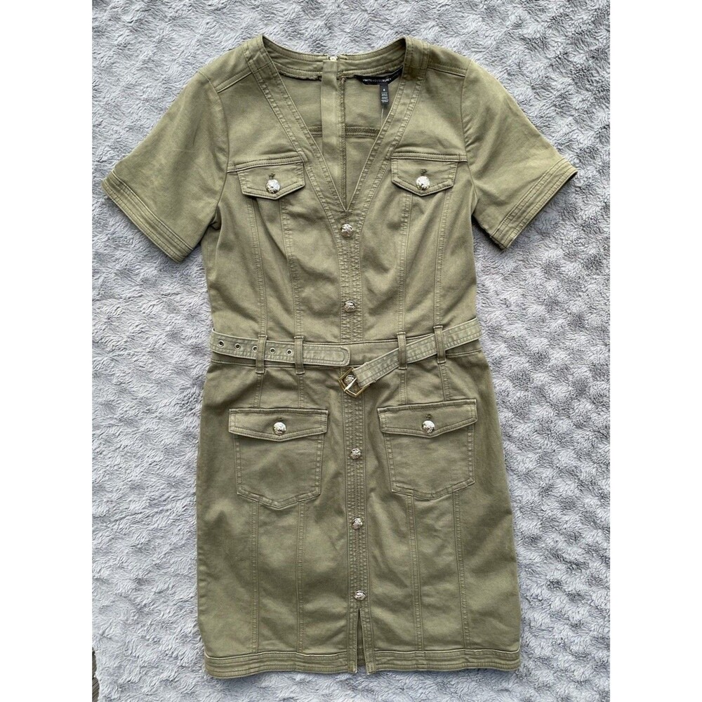 WHBM Stretch Denim Olive Army Green Utility Military Shirt Dress workwear Sz 8